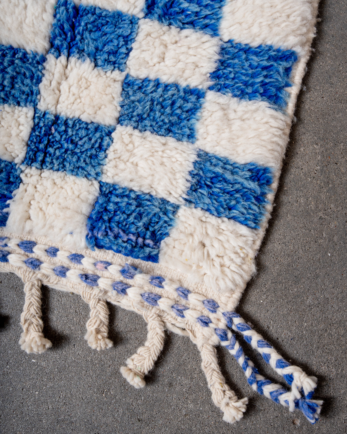 Modern, designer, handcrafted Berber rug from Morocco. Beniourain carpet with beautiful colours and patterns and fluffy wool texture.